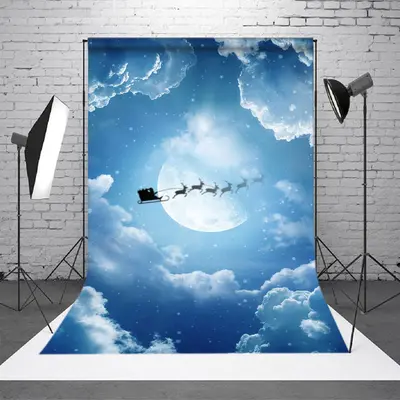 Blue Sky Cloud Elk Sleigh Christmas Photo Backdrop - Aperturee
