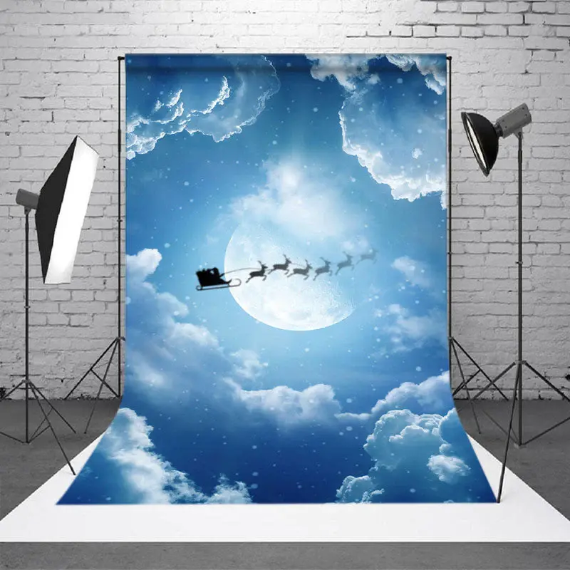 Blue Sky Cloud Elk Sleigh Christmas Photo Backdrop - Aperturee