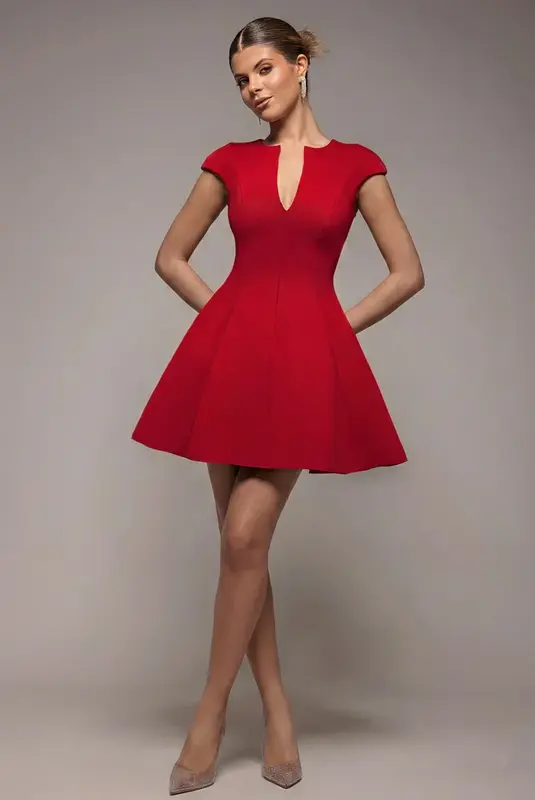 Goddiva Cap Sleeve Plunging V-Neckline Skater Mini Dress - Red
