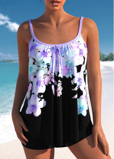 Modlily Bowknot Floral Print Light Purple Tankini Set - M