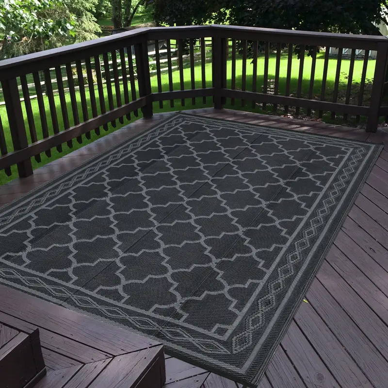 Garvee Outdoor Black Gray 8x10 Rug Carpet Waterproof Reversible Patio Rug Moroccan Print Camping Rug Plastic Straw Rug Geomet...
