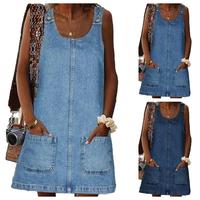 Wenrine Women's Sleeveless Casual Denim Dress Crewneck Vintage Overall Mini Dress with Pockets
