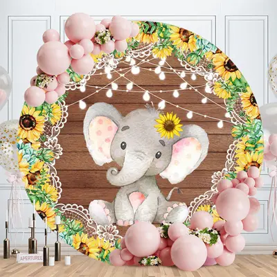 Aperturee Sunflower And Elephant Round Wood Birthday Backdrop