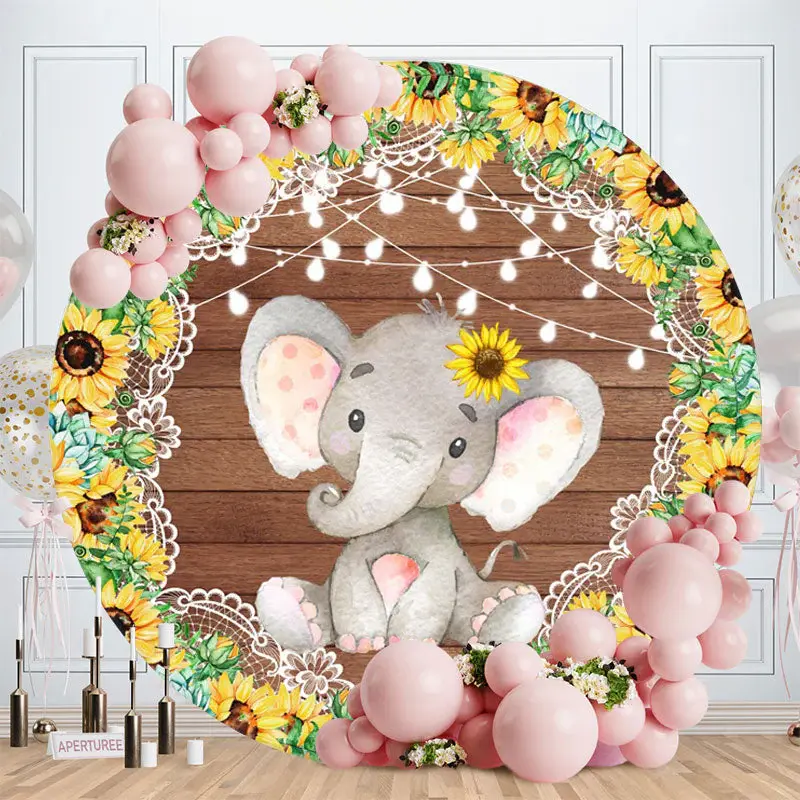 Aperturee Sunflower And Elephant Round Wood Birthday Backdrop
