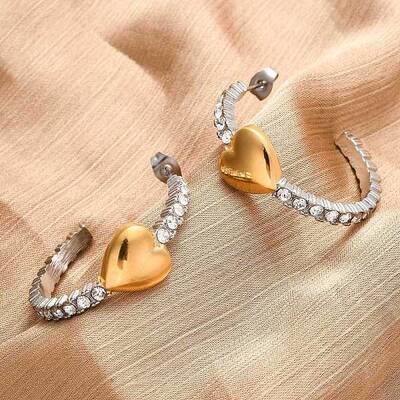 304 Stainless Steel Rhinestone Heart Stud Earrings