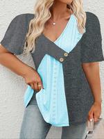 【Plus Size】 Patchwork Eyelet Embroidery Fake Buttons V Neck Tee, Casual Short Sleeve T-shirt for Summer Daily Wear, Women...