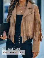 Women's Solid Color Fringe Trim Pu Leather Jacket, Fitted Casual Longsleeves Collared Outerwear for Spring & Fall, Ladies Clo...