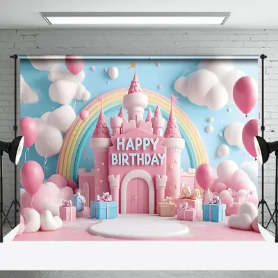 Aperturee Blue Wall Cloud Castle Rainbow Cake Smash Backdrop, 3X2FT(1MX0.6M), 14 USD, birthday cake smash backdrops, NYHD1J36...