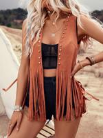 Women's Solid Color Studded Decor Fringe Trim Jacket, Casual Fitted Fashion Open Front Sleeveless Outerwear for Daily Outdoor...