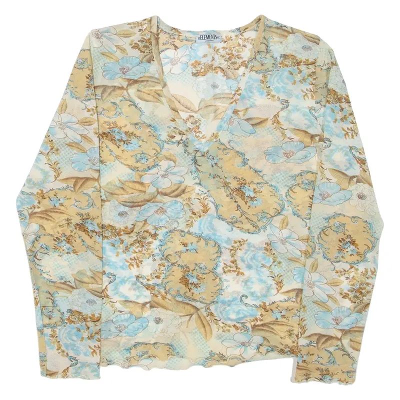 ELEMENTS Womens Printed Top Blue V-Neck Long Sleeve Floral L