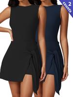 Women's Solid Knot 2-in-1 Sports Tank Dress, Casual Sleeveless Round Neck Short Dress for Daily Outdoor Sport, Ladies Sportsw...