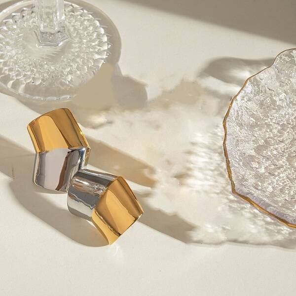 304 Stainless Steel Two Tone Square Stud Earrings