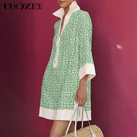 UOOZUOOZEE Women's Green Geometric Print Three-Quarter Sleeve Buttoned Collared Mini Dress Casual Summer Shirt Style Stylish ...