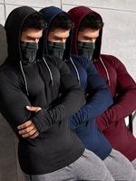 Men's Solid Color Thumb Hole Design Sports Tee, Casual Long Sleeve Stand Collar T-shirt with Mask & Gloves, Men's Sportswear ...