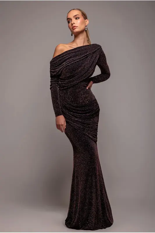 Goddiva Off The Shoulder Gathered Panel Sparkle Lurex Maxi Dress - Black Rose