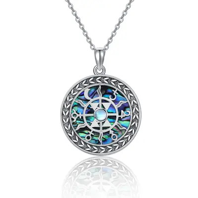 Sterling Silver Round Moonstone & Abalone Shellfish Celtic Knot Pendant Necklace