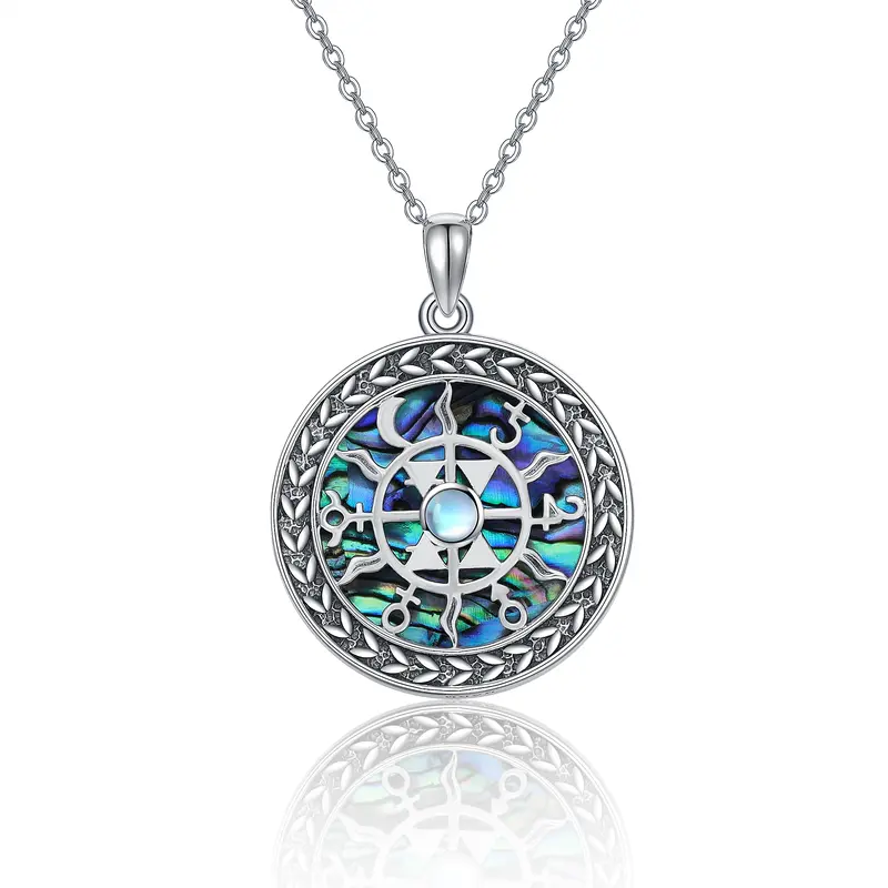 Sterling Silver Round Moonstone & Abalone Shellfish Celtic Knot Pendant Necklace