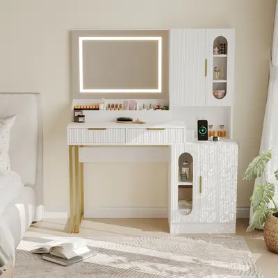 Garvee Modern White Fluted Vanity Desk with LED Mirror, Charging Station, 2 Drawers & 2 Cabinets, Large Wooden Makeup Table f...