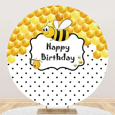 Little Bee Honeycomb Round Happy Birthday Backdrop