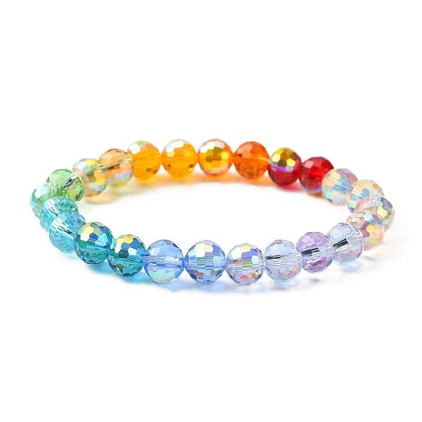 Rainbow Color Faceted Round Glass Stretch Bracelets for Women