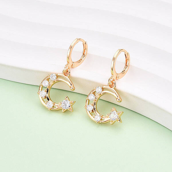 Moon Brass Micro Pave Cubic Zirconia Dangle Leverback Earrings