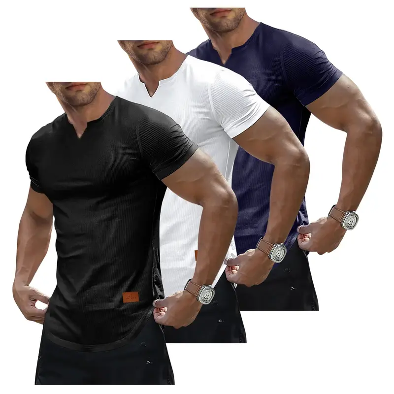 JMIERR Men's Plain Muscle Slim Fitted T Shirt Polyester V-Neck Longline Shirt Gym Workout Athletic Tee Shirts Menswear Casual...