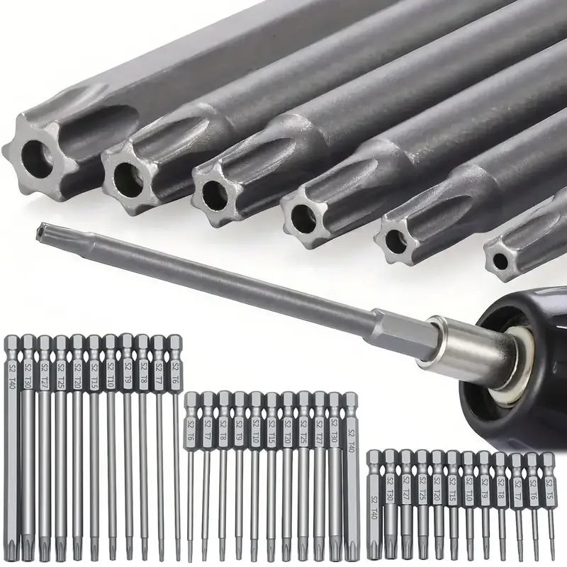 Magnetic Torx Head Screwdriver Bit Set, S2 Steel Long Drill Bits with 1/4 Inch Hex Shank and Security Torx Bits
