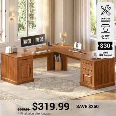 SEDETA | 69 Inch Executive Desk Farmhouse L Shaped Computer Desk with Drawers Storage Cabinet Power Outlet Brown Home Office ...