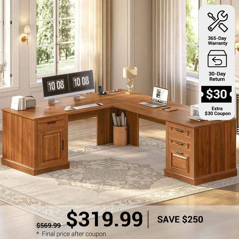 SEDETA | 69 Inch Executive Desk Farmhouse L Shaped Computer Desk with Drawers Storage Cabinet Power Outlet Brown Home Office ...