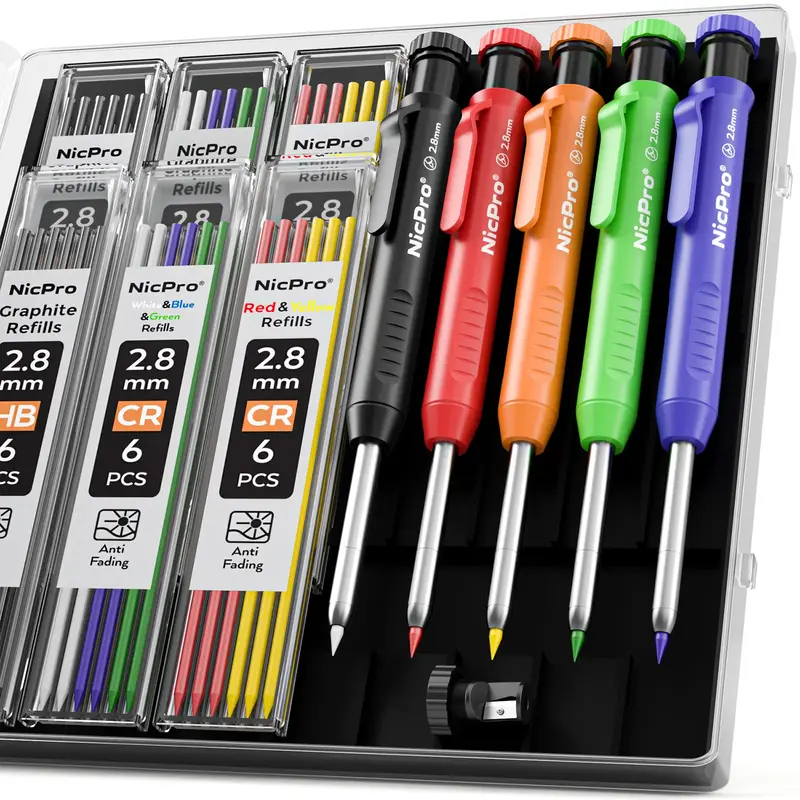 Nicpro 5 Pack Carpenter Pencil with Sharpener, Mechanical Pencils Set with 41 Refills (Red, Black, Yellow, White, Green, Blue...