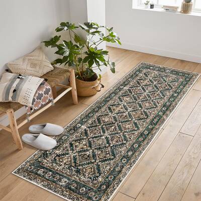 Garvee 2'x6' Washable Area Rugs, Durable Low Pile Non-Slip, Vintage Boho Style for Living Room, Office, Kids Room, Green