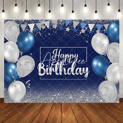 Aperturee Blue Silver Balloons Glitter Happy Birthday Backdrop, 5X3FT(1.5X1M), 15.07 USD, birthday backdrops, AH0G847-E