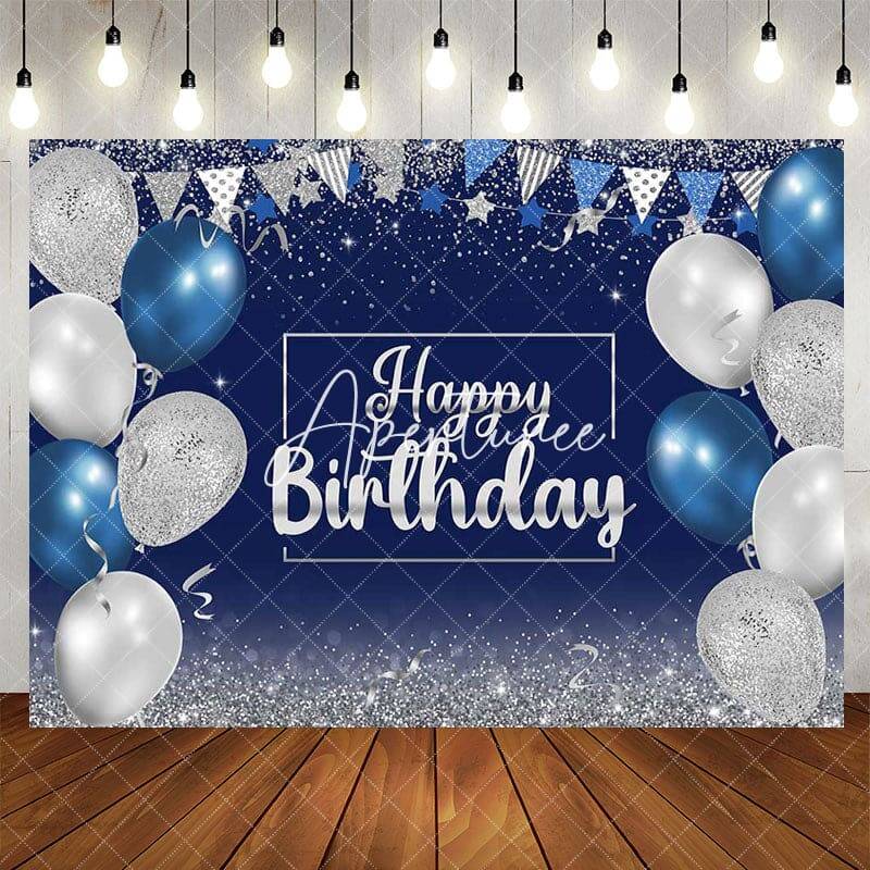 Aperturee Blue Silver Balloons Glitter Happy Birthday Backdrop, 5X3FT(1.5X1M), 15.07 USD, birthday backdrops, AH0G847-E