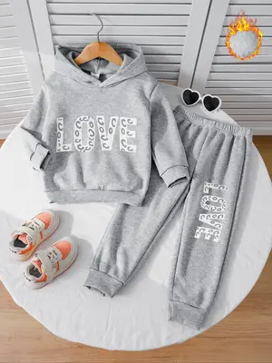 Girls' Fall & Winter Fleece Lined Casual Set, Long Sleeve Hooded Sweatshirt, Heart Print, Polyester, Perfect Gift for Kids