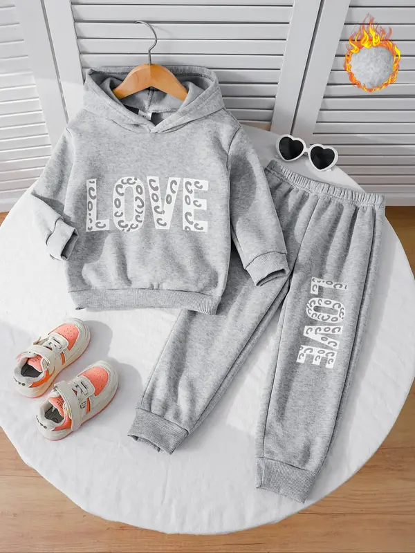Girls' Fall & Winter Fleece Lined Casual Set, Long Sleeve Hooded Sweatshirt, Heart Print, Polyester, Perfect Gift for Kids