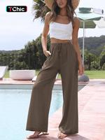 Women's Solid Color Drawstring Waist Wide Leg Pants, Casual Pocket Trousers for Beach Holiday Vacation, Ladies Bottoms for Al...
