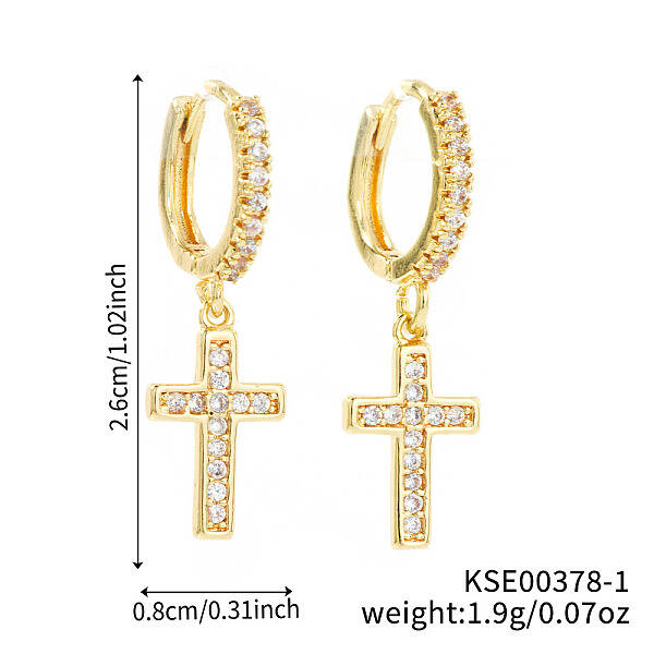 Shiny Brass Pave Cubic Zirconia Cross Hoop Earrings