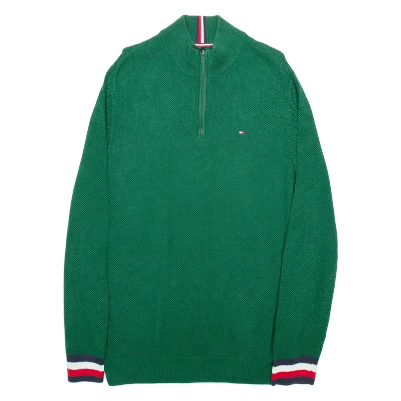 TOMMY HILFIGER Mens Jumper Green 1/4 Zip Chunky Knit XL