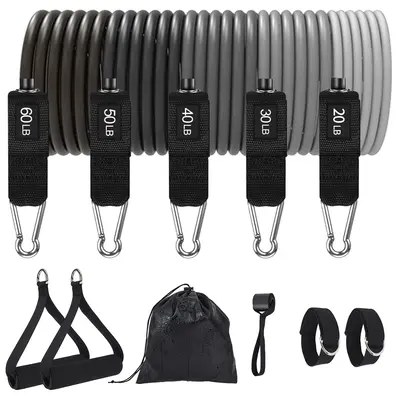 Garvee 5 Levels Stackable Resistance Bands Set - Gradient Gray TPE Tubes 20-60LB up to 200LB with Handles, Door Anchor & Ankl...
