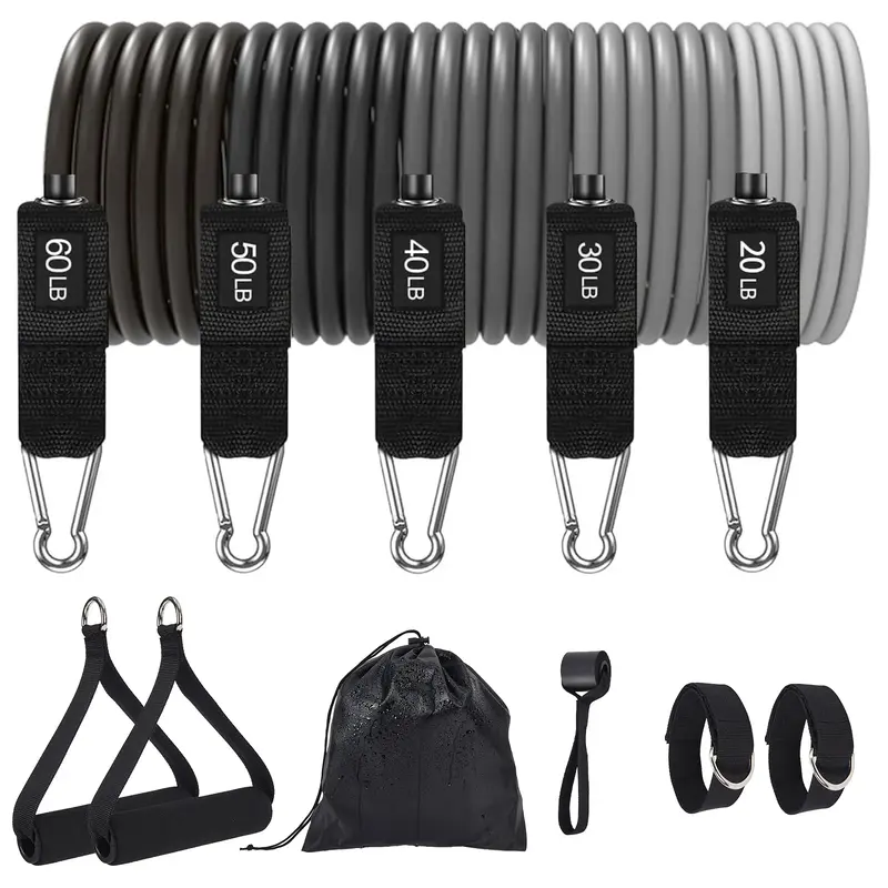 Garvee 5 Levels Stackable Resistance Bands Set - Gradient Gray TPE Tubes 20-60LB up to 200LB with Handles, Door Anchor & Ankl...