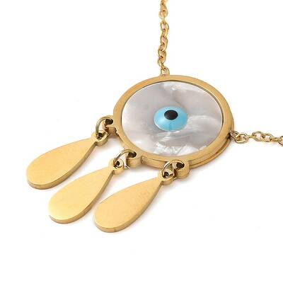 Woven Net with Evil Eye Natural Shell with Enamel Pendant Necklaces