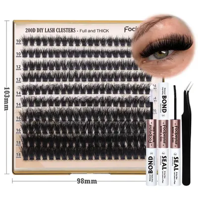 Focipeysa Lash Extension Kit D Curl Thick Eyelash Extension Kit 10-18mm Full Lash Clusters 200D Individual Eyelashes Kit with...
