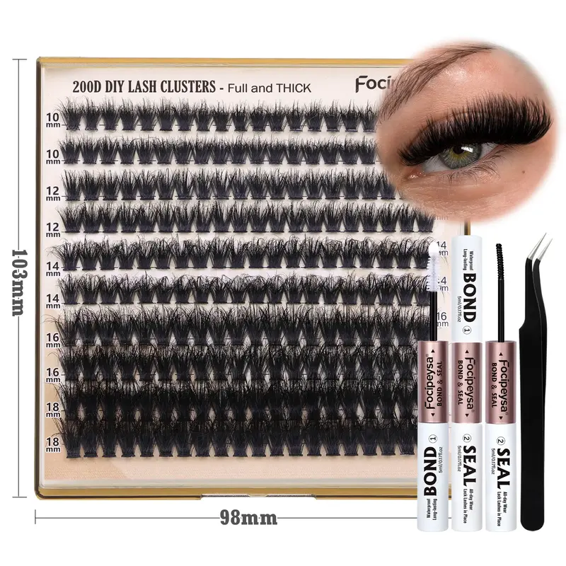 Focipeysa Lash Extension Kit D Curl Thick Eyelash Extension Kit 10-18mm Full Lash Clusters 200D Individual Eyelashes Kit with...