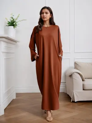 Women's Solid Color Round Neck Long Sleeve Arabian Dress, Elegant Fashion Casual Crew Neck Dress for Daily Outdoor Wear, Wome...