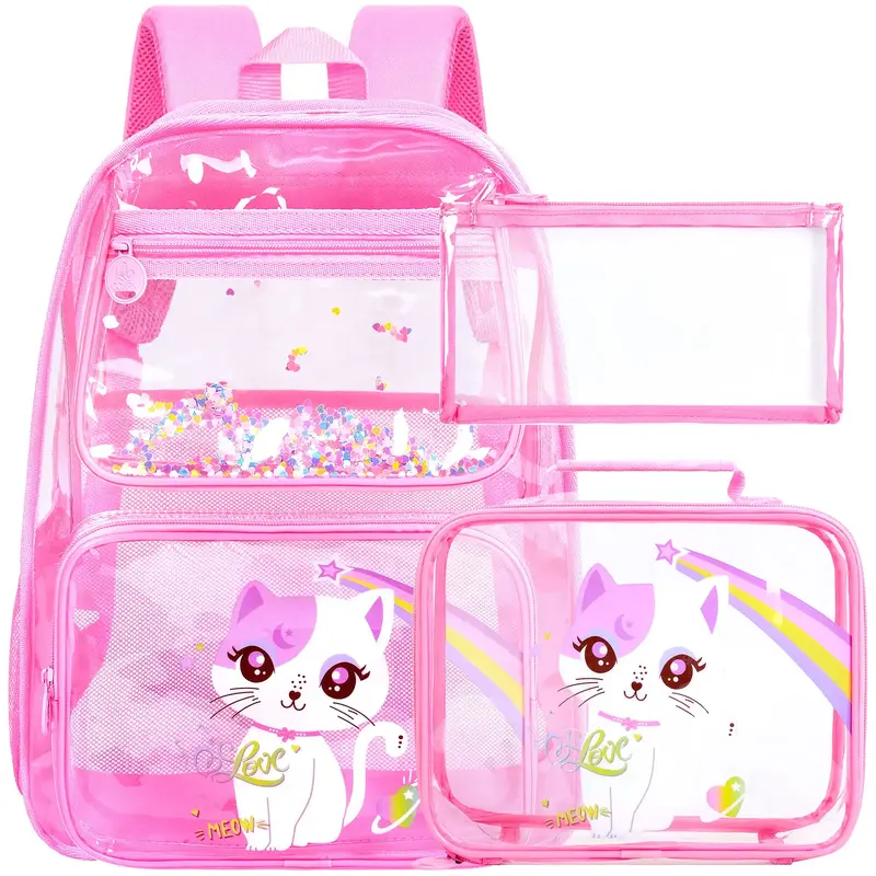 3PCS Kids Clear Backpack for Girls, Transparent Bookbag Stadium Approved, See Through School Bag for Elementary Preschool- Pi...