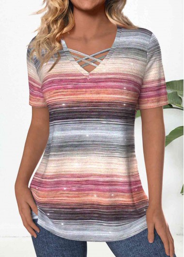 Modlily Multi Color Criss Cross Striped Short Sleeve T Shirt - L