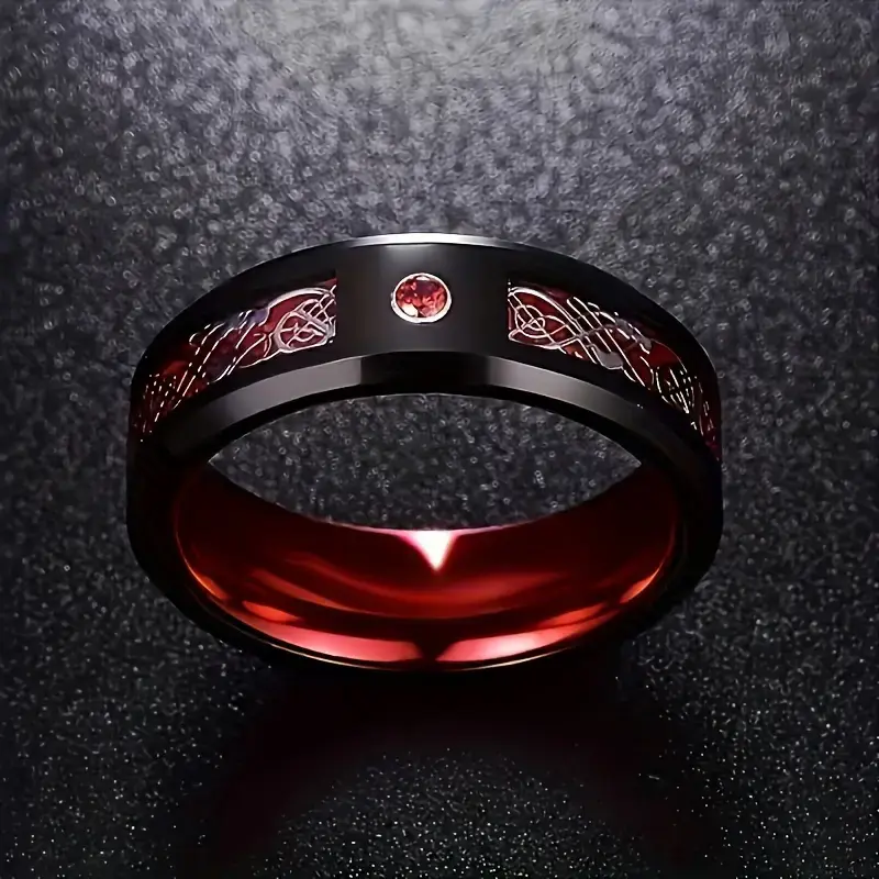 Black Tungsten Carbide Ring for Men - Dragon Pattern Inlaid, Red Cubic Zirconia Accented, Beveled Edge, Comfort Fit, Hypoalle...