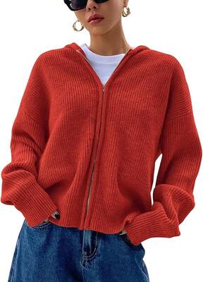 Women's Zip Up Hooded Cardigan Sweater Knitted Drop Shoulder Fall Hoodies Outerwear