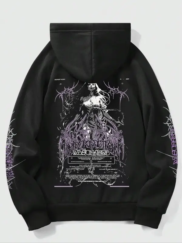 Men's Cartoon & Letter Print Drop Shoulder Hoodie, Fashion Casual Regular Fit Drawstring Pocket Hooded Sweatshirt for Daily H...