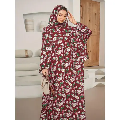 Ramadan Plus Size Floral Pattern Modest Dress, Modest Long Sleeve Dress With Hijab, Women's Plus Size Clothing